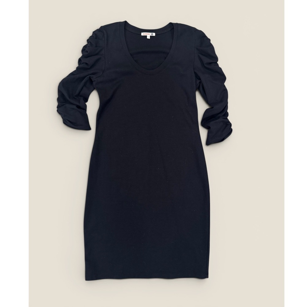 Sundry Womens Ruched Sleeve Scoop Neck Mini Dress Black Size 1 Small Made in USA